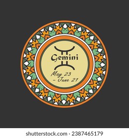 Zodiac sign Gemini in a round paterned frame. Multi-colored icon, emblem on a black background. Vector illustration svg