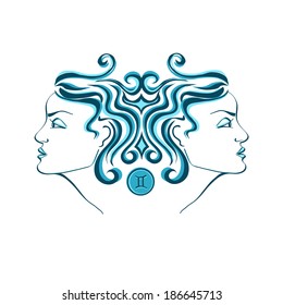Zodiac sign of Gemini stylized with beautiful girl portrait