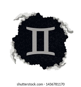 The zodiac sign Gemini. Symbol, badge, sticker, Magnet. Stragically horoscope. Starry sky in the clouds