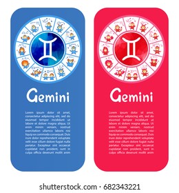 Zodiac sign Gemini. Template for banners or flyers. Blue variant for boys and pink variant for girls.