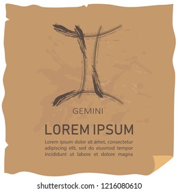Zodiac sign Gemini with text frame on craft paper background. Grunge style. Zodiac constellation. Design template for horoscope and astrological forecast.