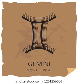 Zodiac sign Gemini with text frame on craft paper background. Grunge style. Zodiac constellation. Design template for horoscope and astrological forecast.