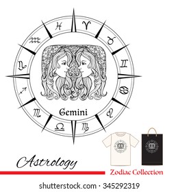 Zodiac sign Gemini. This illustration can be used as a greeting card or as a print on T-shirts and bags. Decorative, in zentangle style