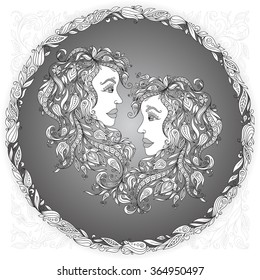 Zodiac sign Gemini. This illustration can be used as a greeting card or as a print on T-shirts and bags,  tattoo art, coloring books. Decorative Henna Mehndi Tattoo Ethnic Zentangle Doodles style.