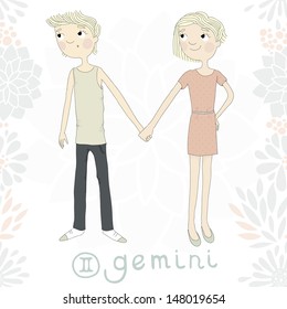 Zodiac sign Gemini. Twin brother and sister hold each other's hand eps 10