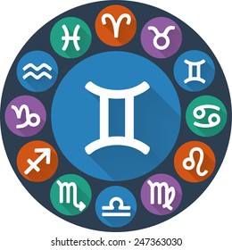 Zodiac sign - Gemini (Twins). Astrological symbol. Flat rounded icons with long shadow. Vector illustration.