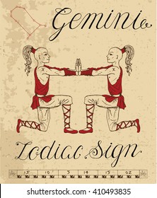Zodiac sign of Gemini or Twins with constellation. Line art vector illustration of engraved horoscope symbol. Doodle mystic drawing and hand drawn astrology sketch with calligraphic lettering