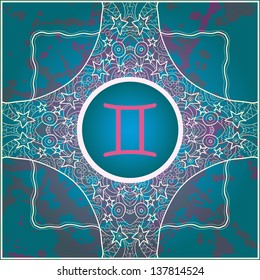 Zodiac sign Gemini - the Twins on doodle frame seamless pattern. What is karma?