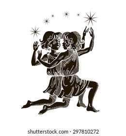 Zodiac sign - Gemini. Twins. Two children. Vector illustration. Black silhouette, white background