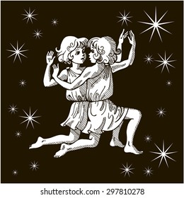 Zodiac sign - Gemini. Twins. Two children. Vector illustration. White silhouette. Black background