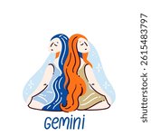 Zodiac sign Gemini, two figures facing opposite directions, symbolizing duality. Horoscope and astrology themes vector illustration