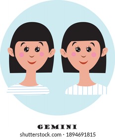 Zodiac sign of gemini vector illustration. Cute illustration of twin girls. 