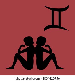 Zodiac sign Gemini vector sign with silhouette. Flat design