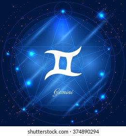 Zodiac sign gemini. Vector space background with geometric ornament