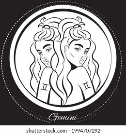 Zodiac sign Gemini woman. Pop art illustration. Line art, ideal for poster, print, postcard, colouring book.	
