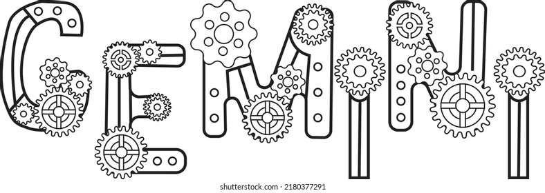 Zodiac sign gemini written in decorative font in steampunk style.  The twins inscription is in the form of letters decorated with gears. The original decor for the horoscope.  