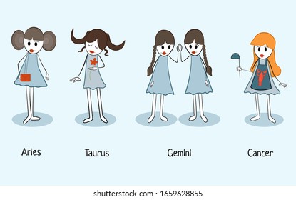 Zodiac sign girls cartoon set. Signs horoscope: Aries, Capricorn, Gemini, Cancer. Vector illustration of funny girls in blue dresses. Isolated picture EPS10
