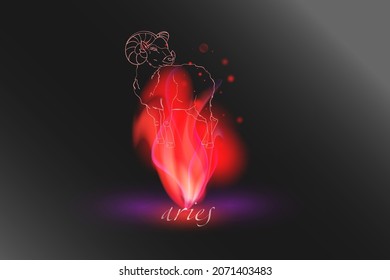 Zodiac sign in a glowing flame on a gray background. Astrological symbolism.