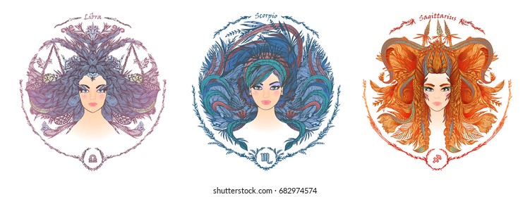 Zodiac Sign. Hand Drawn Portrait Of A Beautiful Woman. Vector Illustration Of Libra, Scorpio, Sagittarius Zodiac Sign.