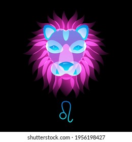 Zodiac sign head neon leo on black background, horoscope. Stock vector illustration. 