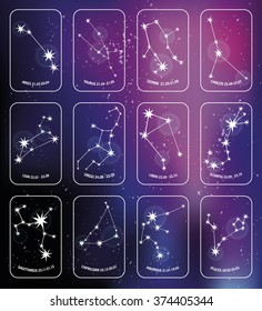 Zodiac sign.All  Horoscope constellation,stars.Vector Abstract space dark sky blurred background,shiny boke.Science background.Symbol,signs.Astrology Illustration.Vector Effect smooth blurred light