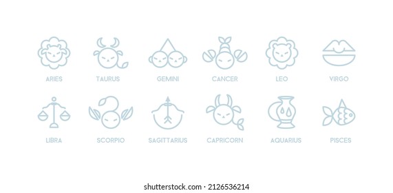 Zodiac sign icons collection. Minimalistic astrological horoscope symbols. Stylized simple graphic elements for design. Vector line art illustration