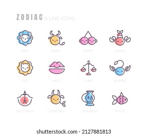 Zodiac sign icons collection. Minimalistic astrological horoscope symbols. Stylized simple graphic elements for design. Vector line art illustration