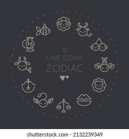 Zodiac sign icons collection. Minimalistic astrological horoscope symbols. Stylized simple graphic elements for design. Vector line art illustration