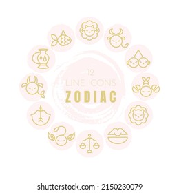 Zodiac sign icons collection. Minimalistic astrological horoscope symbols. Stylized simple graphic elements for design. Vector line art illustration