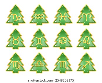 Zodiac sign icons in the form of green Christmas trees. Astrology, Space, horoscope. Isolated vector illustration on a transparent background