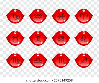 Zodiac sign icons in the form of red female lips. Astrology, Space, horoscope. Isolated vector illustration on a transparent background