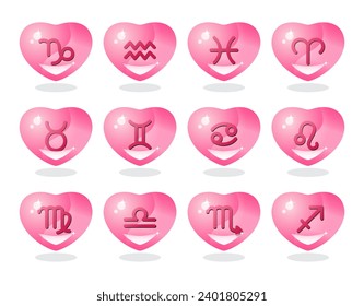 Zodiac sign icons in the form of voluminous pink hearts. Astrology, Space, horoscope. Isolated vector illustration on a transparent background