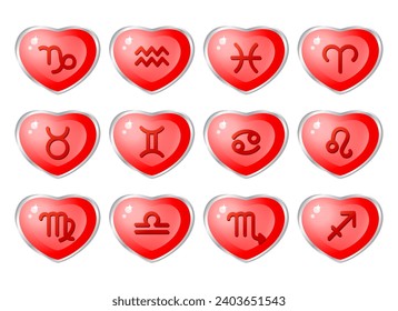 Zodiac sign icons in the form of voluminous red hearts. Astrology, Space, horoscope. Isolated vector illustration on a transparent background