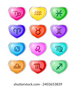 Zodiac sign icons in the form of voluminous colorful hearts. Astrology, Space, horoscope. Isolated vector illustration on a transparent background