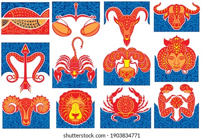 Zodiac sign icons representing the twelve signs of the zodiac for horoscopes
