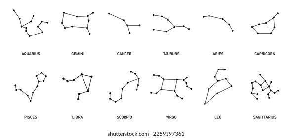 Zodiac sign icons. Vector illustrations. Set of 12 zodiac. Constellation of Aries, Taurus, Leo, Gemini, Virgo, Scorpio, Libra, Aquarius, Sagittarius, Pisces, Capricorn, Cancer.