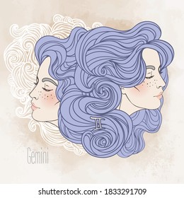 Zodiac-Zeichen: Illustration von Gemini als schönes Mädchen. Vektorgrafik.  Vintage Boho Stil Modegrafik in Pastelltönen.