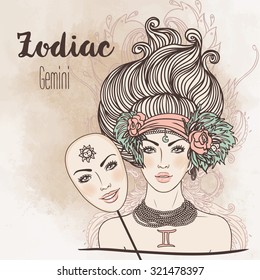 Zodiac sign: Illustration of Gemini  as a beautiful girl. Vector.  Vintage  boho style fashion illustration. Design for coloring book page for adults and kids.