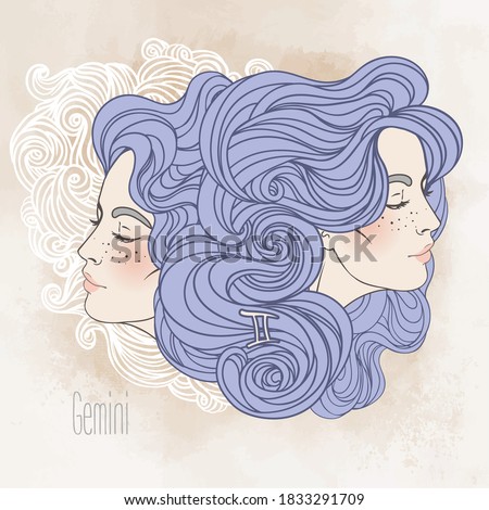 Zodiac sign: Illustration of Gemini  as a beautiful girl. Vector.  Vintage  boho style fashion illustration in pastel shades.