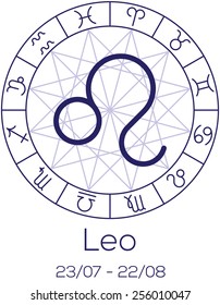 Zodiac sign - Leo. Astrological chart with symbols in wheel with polygonal background. Deep blue color with caption and dates. Vector illustration.