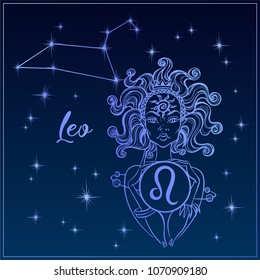 Zodiac sign Leo a beautiful girl. The Constellation of Leo. Night sky.  Horoscope. Astrology. Victor