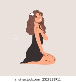 Zodiac sign Leo with beautiful woman in crown, horoscope astrology symbol, girl in the little black dress. Vector of zodiac woman illustration, portrait astral girl lucky