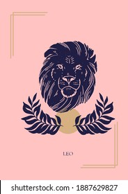 Zodiac sign Leo in boho style on the pink background. Trendy vector illustration.