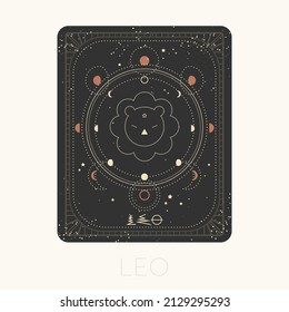 Zodiac sign leo card. Astrological horoscope symbol with moon phases. Graphic gold icon on a black background. Vector line art illustration