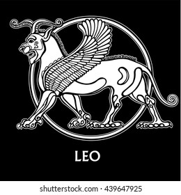 Zodiac sign Leo. Character of Sumerian mythology. The linear drawing, white contour isolated on a black background. Vector illustration. Print, posters, t-shirt, textiles.