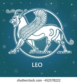Zodiac sign Leo. Character of Sumerian mythology. Background - the star sky. Vector illustration.
