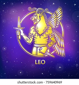 Zodiac sign Leo. Character of Sumerian mythology. Gold imitation. Vector illustration. Background - the night star sky.