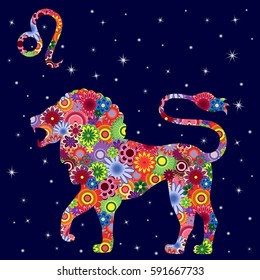 Zodiac sign Leo with colorful flowers fill on a background of the dark blue starry sky, vector illustration