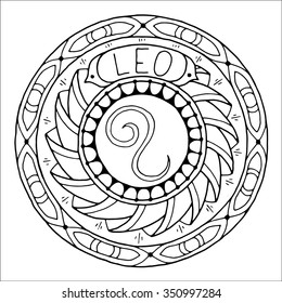 Zodiac sign of leo and constellation in mandala with ethnic pattern. Set of black and white icon. Horoscope and zodiacal template. Can be used for magazine, coloring book. Hand drawn doodle circle.