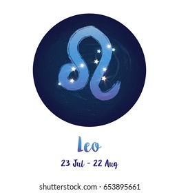 Zodiac sign Leo in cosmic stars space with Leo constellation icon. Blue starry night sky inside circle background. Inner galaxy space vector design for horoscope icon, cards, posters, fortune telling.